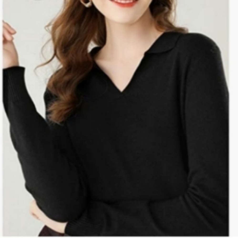 Luisa Via Roma Oversized Black Merino Wool Knit Polo Style Long Sleeve Sweater M